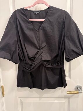 Misook Black V-Neck Knot-Detail Puff Sleeve Blouse